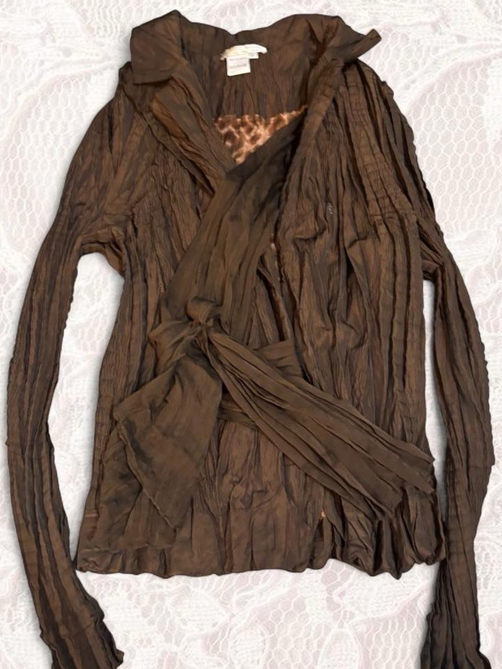 Alberto Makali Brown Pleated Wrap Long Sleeve Top